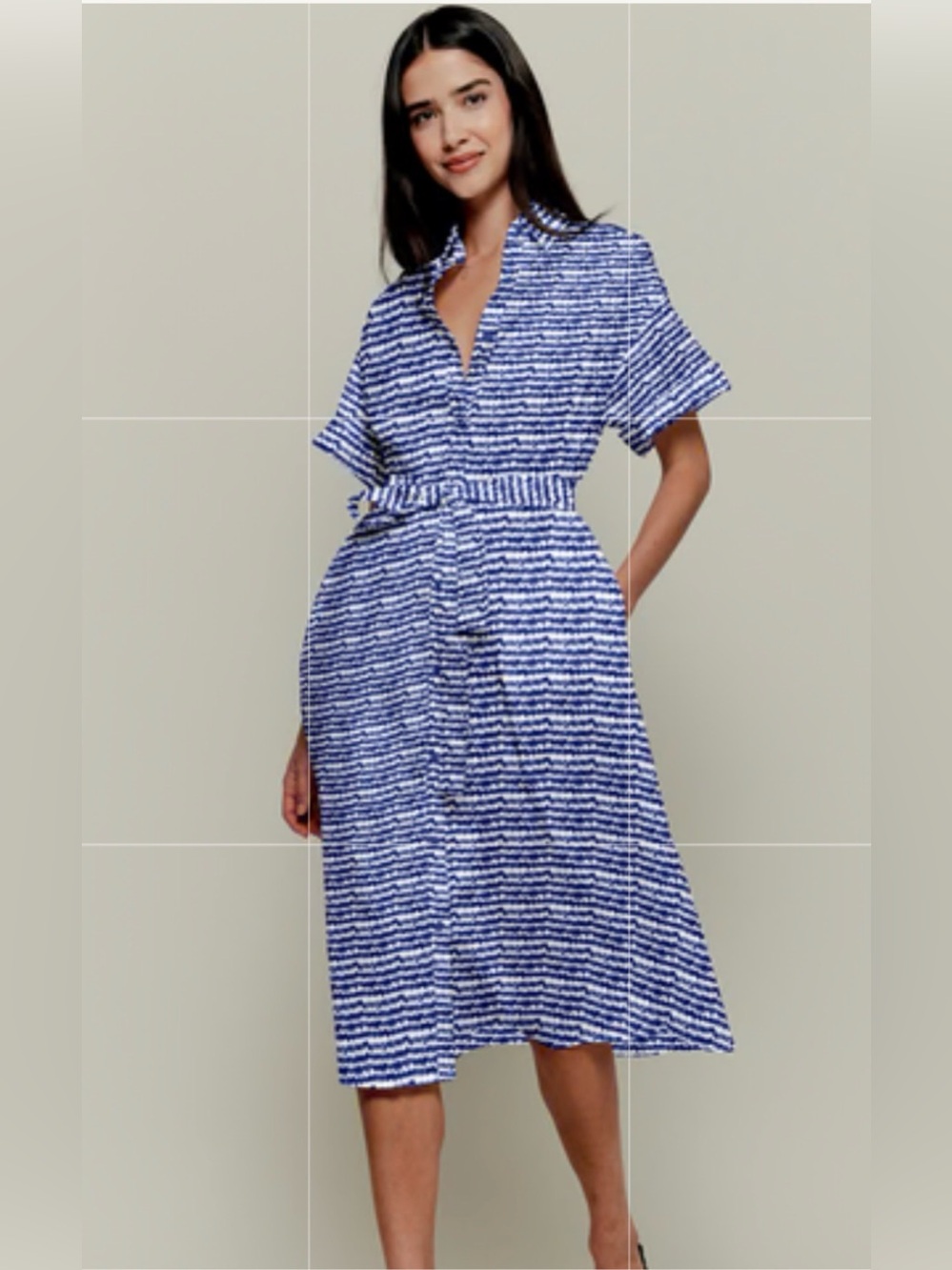 Tucker Blue Patterned Midi Shirtwaist Dress with Tie Belt